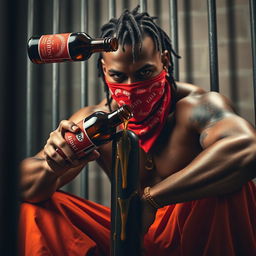 A close-up of a muscular African American gang member showing an angry expression, wearing baggy orange pants and a red bandana mask covering his mouth and nose