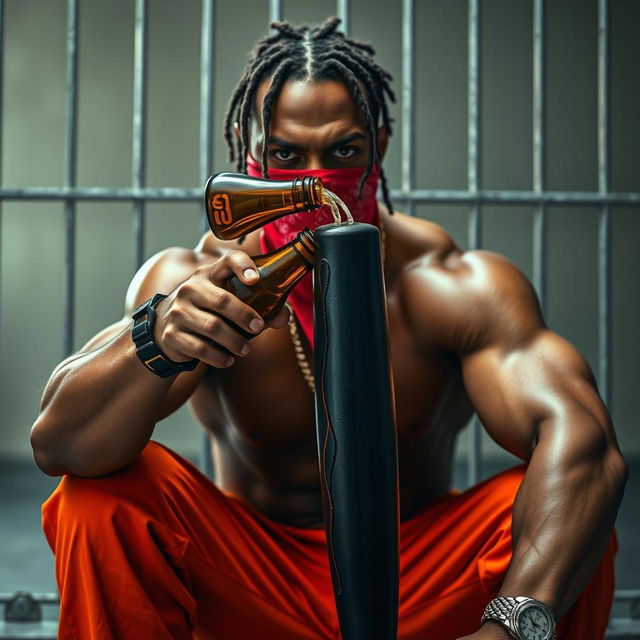 A close-up of a muscular African American gang member showing an angry expression, wearing baggy orange pants and a red bandana mask covering his mouth and nose