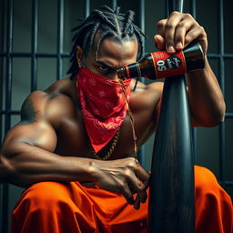A close-up of a muscular African American gang member showing an angry expression, wearing baggy orange pants and a red bandana mask covering his mouth and nose