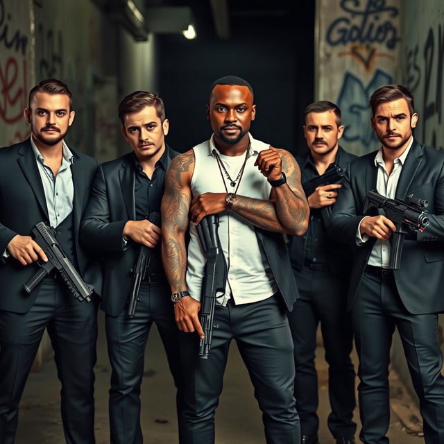 A dynamic scene featuring four Caucasian Mafia members in their 20s, standing confidently alongside one African American man, who has striking tattoos visible on his arms