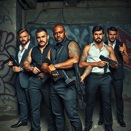 A dynamic scene featuring four Caucasian Mafia members in their 20s, standing confidently alongside one African American man, who has striking tattoos visible on his arms