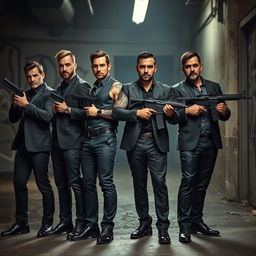 A dynamic scene featuring four Caucasian Mafia members in their 20s, standing confidently alongside one African American man, who has striking tattoos visible on his arms