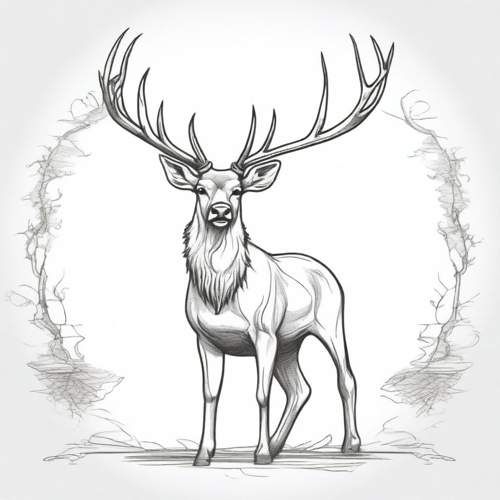 An intricate, well-balanced sketch of a large male deer with grand antlers, standing still and facing forward, outlined sharply