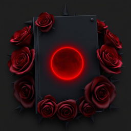 A dark-themed 3D book cover featuring rich shades of red and black