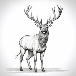 An intricate, well-balanced sketch of a large male deer with grand antlers, standing still and facing forward, outlined sharply