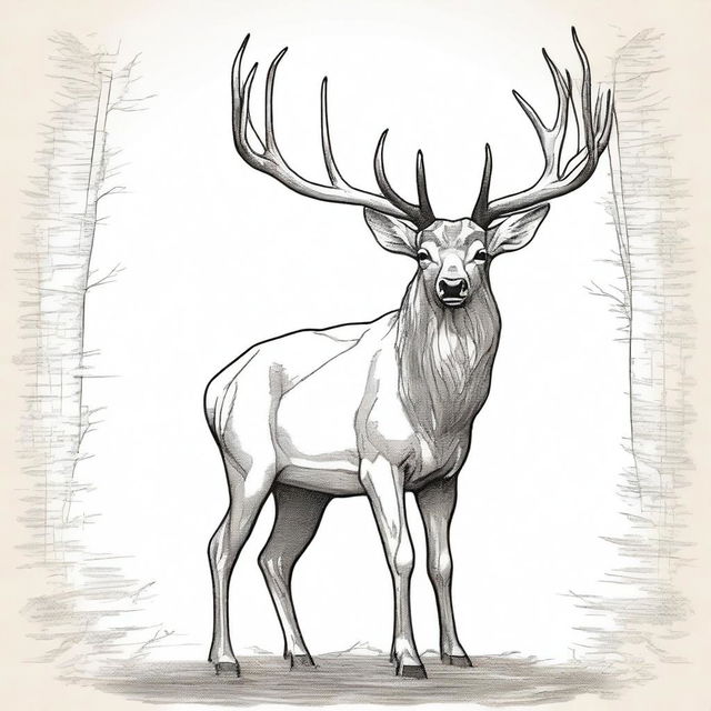 An intricate, well-balanced sketch of a large male deer with grand antlers, standing still and facing forward, outlined sharply