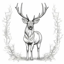 An intricate, well-balanced sketch of a large male deer with grand antlers, standing still and facing forward, outlined sharply