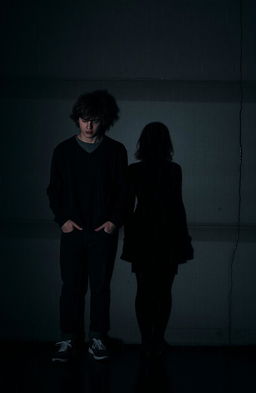 The shadows of a 19-year-old male with messy curly light-skin hair stand next to a shadow of his 18-year-old white female sister against a textured concrete wall, with rain pouring down, creating dramatic reflections on the wall