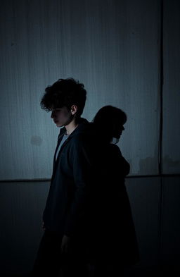 The shadows of a 19-year-old male with messy curly light-skin hair stand next to a shadow of his 18-year-old white female sister against a textured concrete wall, with rain pouring down, creating dramatic reflections on the wall