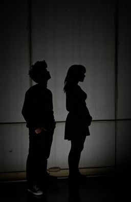 The shadows of a 19-year-old male with messy curly light-skin hair stand next to a shadow of his 18-year-old white female sister against a textured concrete wall, with rain pouring down, creating dramatic reflections on the wall
