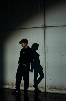 The shadows of a 19-year-old male with messy curly light-skin hair stand next to a shadow of his 18-year-old white female sister against a textured concrete wall, with rain pouring down, creating dramatic reflections on the wall