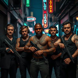A dramatic scene featuring four Caucasian Mafia members in their 30s, standing confidently in a dark, neon-lit urban street