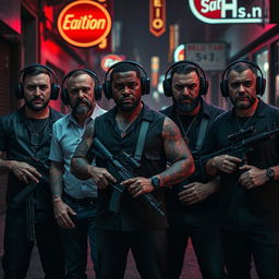 A dramatic scene featuring four Caucasian Mafia members in their 30s, standing confidently in a dark, neon-lit urban street