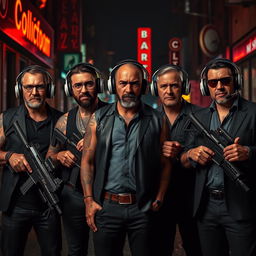 A dramatic scene featuring four Caucasian Mafia members in their 30s, standing confidently in a dark, neon-lit urban street