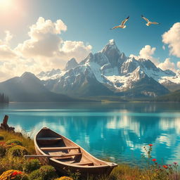 A majestic fantasy landscape with towering, snow-covered mountains in the background, a crystal-clear turquoise lake reflecting the sky in the foreground, surrounded by lush greenery and colorful wildflowers