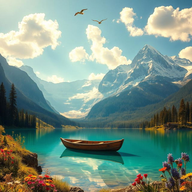 A majestic fantasy landscape with towering, snow-covered mountains in the background, a crystal-clear turquoise lake reflecting the sky in the foreground, surrounded by lush greenery and colorful wildflowers