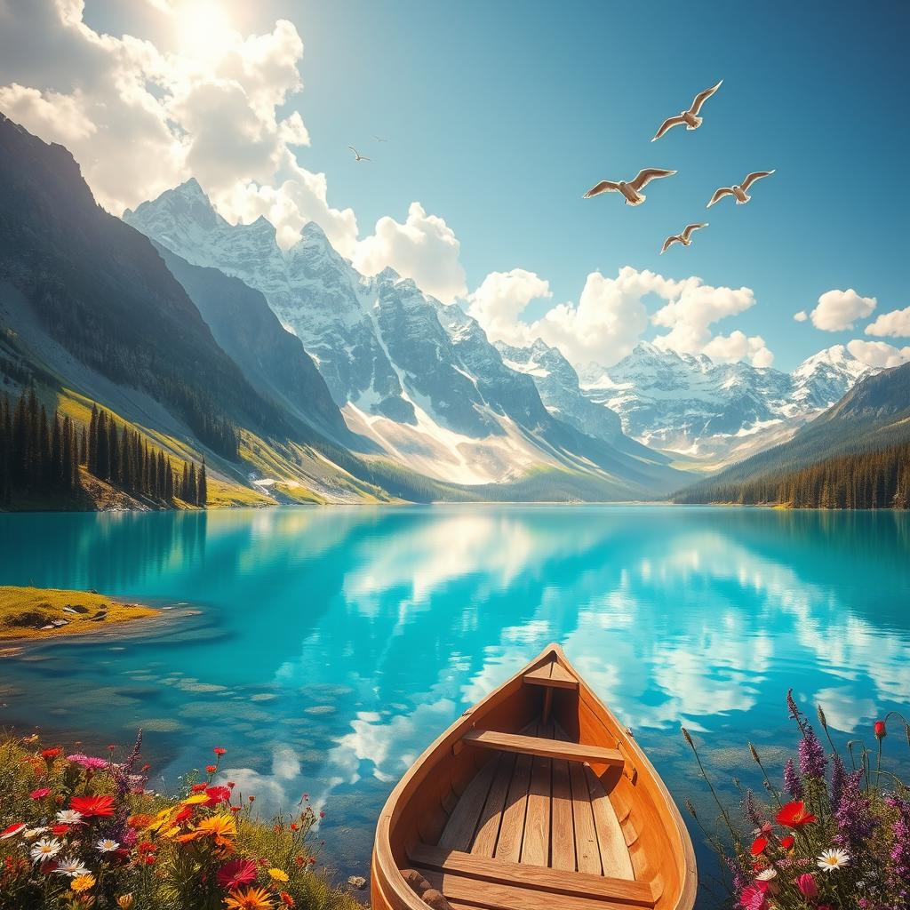 A majestic fantasy landscape with towering, snow-covered mountains in the background, a crystal-clear turquoise lake reflecting the sky in the foreground, surrounded by lush greenery and colorful wildflowers