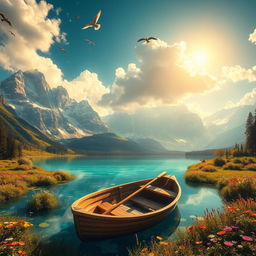 A majestic fantasy landscape with towering, snow-covered mountains in the background, a crystal-clear turquoise lake reflecting the sky in the foreground, surrounded by lush greenery and colorful wildflowers