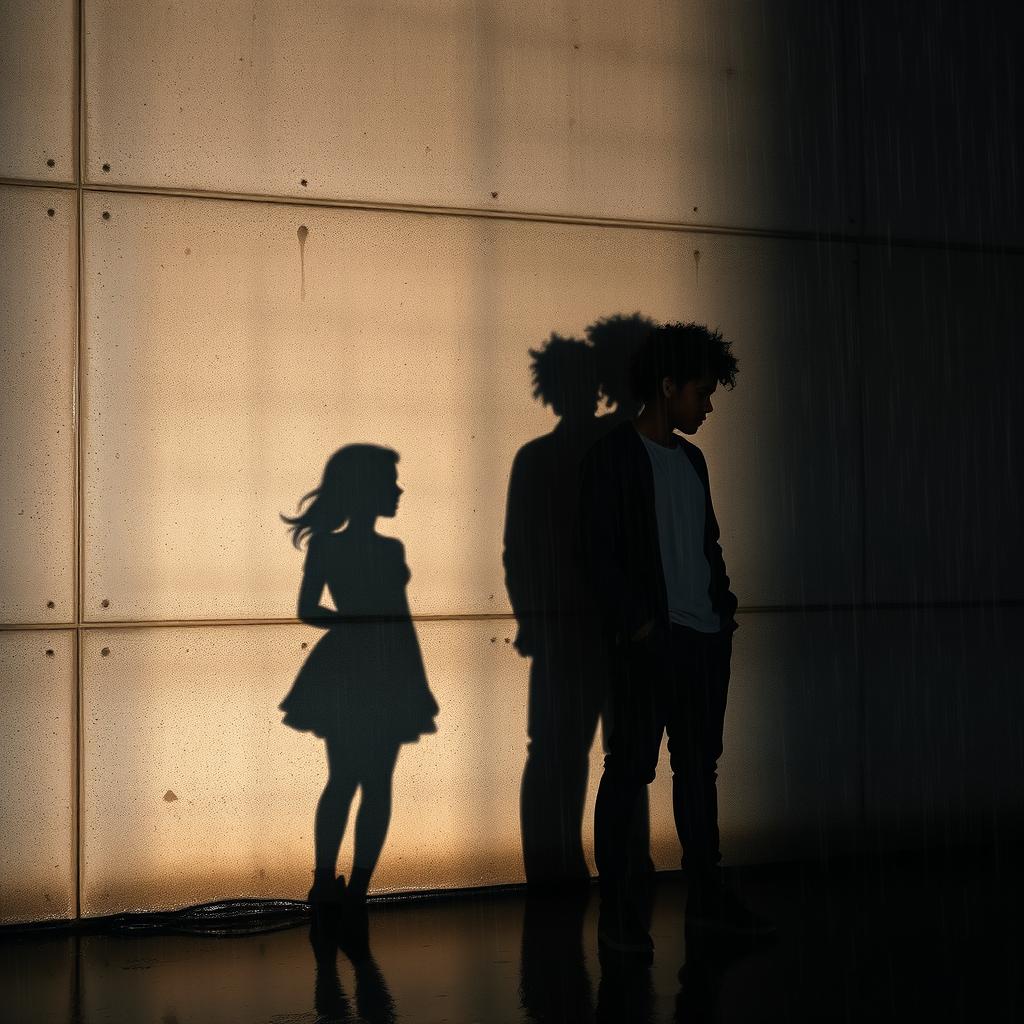 The shadows of a 19-year-old African American male with messy curly light-skin hair stand beside the shadow of his 18-year-old white female sister against a textured concrete wall, with rain pouring down, creating a dramatic atmosphere