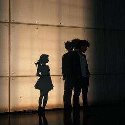 The shadows of a 19-year-old African American male with messy curly light-skin hair stand beside the shadow of his 18-year-old white female sister against a textured concrete wall, with rain pouring down, creating a dramatic atmosphere