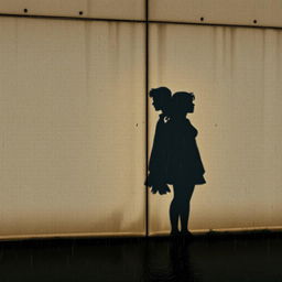 The shadows of a 19-year-old African American male with messy curly light-skin hair stand beside the shadow of his 18-year-old white female sister against a textured concrete wall, with rain pouring down, creating a dramatic atmosphere