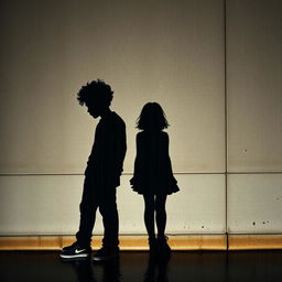 The shadows of a 19-year-old African American male with messy curly light-skin hair stand beside the shadow of his 18-year-old white female sister against a textured concrete wall, with rain pouring down, creating a dramatic atmosphere
