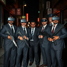 A striking scene depicting four Caucasian Mafia members in their 30s, all dressed in sharp, tailored suits, standing confidently in a dark, moody urban street