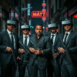 A striking scene depicting four Caucasian Mafia members in their 30s, all dressed in sharp, tailored suits, standing confidently in a dark, moody urban street
