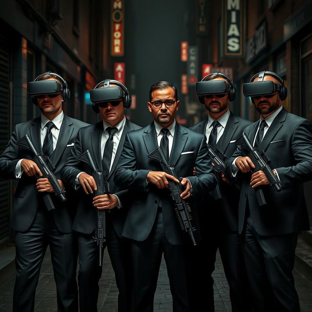 A striking scene depicting four Caucasian Mafia members in their 30s, all dressed in sharp, tailored suits, standing confidently in a dark, moody urban street