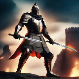 Create an image of a formidable medieval knight dressed in a stunning black and gold armor, brandishing a fiery sword, standing defiantly before an ancient stone citadel under a starlit sky