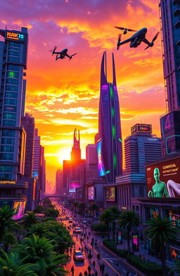 A vibrant futuristic cityscape at sunset, filled with towering skyscrapers featuring innovative architecture, glowing neon lights, and flying vehicles weaving through the air