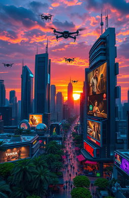 A vibrant futuristic cityscape at sunset, filled with towering skyscrapers featuring innovative architecture, glowing neon lights, and flying vehicles weaving through the air