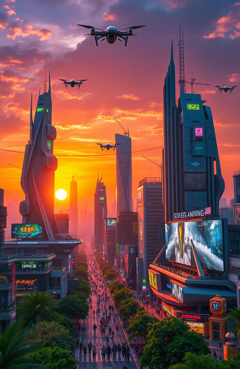 A vibrant futuristic cityscape at sunset, filled with towering skyscrapers featuring innovative architecture, glowing neon lights, and flying vehicles weaving through the air