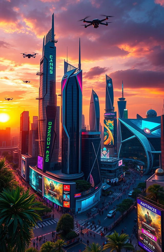 A vibrant futuristic cityscape at sunset, filled with towering skyscrapers featuring innovative architecture, glowing neon lights, and flying vehicles weaving through the air