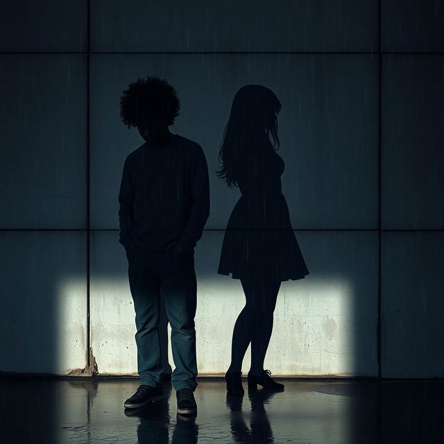 The shadows of a 19-year-old African American male with messy curly afro-like hair stand beside the shadow of his 18-year-old Caucasian female sister against a textured concrete wall, with rain falling heavily, creating dramatic reflections and shadows on the surface