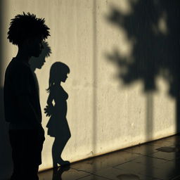 The shadows of a 19-year-old African American male with messy curly afro-like hair stand beside the shadow of his 18-year-old Caucasian female sister against a textured concrete wall, with rain falling heavily, creating dramatic reflections and shadows on the surface