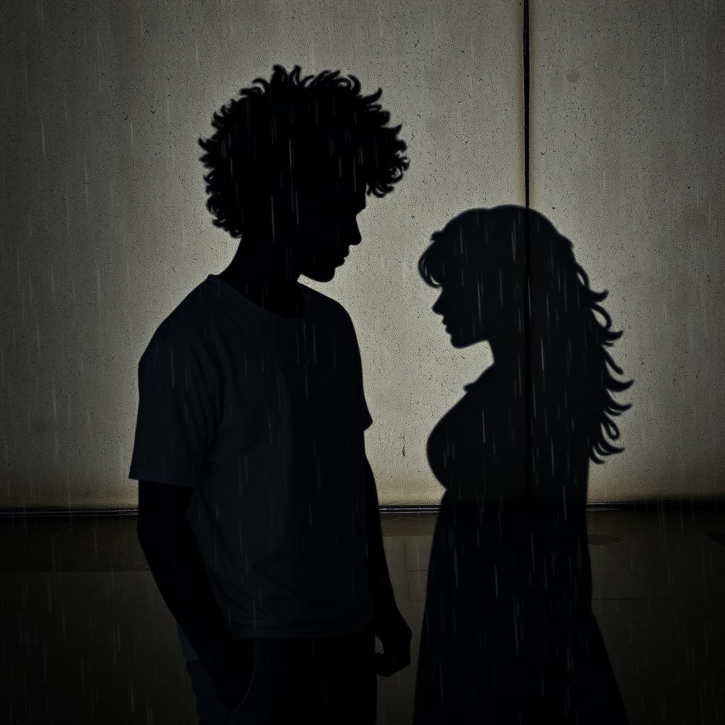 The shadows of a 19-year-old African American male with messy curly afro-like hair stand beside the shadow of his 18-year-old Caucasian female sister against a textured concrete wall, with rain falling heavily, creating dramatic reflections and shadows on the surface