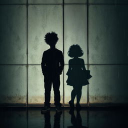 The shadows of a 19-year-old African American male with messy curly afro-like hair stand beside the shadow of his 18-year-old Caucasian female sister against a textured concrete wall, with rain falling heavily, creating dramatic reflections and shadows on the surface