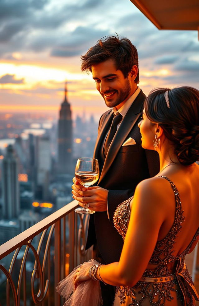 A romantic scene featuring a hot billionaire in an elegant suit, standing on a luxurious balcony overlooking a beautiful city skyline at sunset