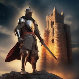 Create an image of a formidable medieval knight dressed in a stunning black and gold armor, brandishing a fiery sword, standing defiantly before an ancient stone citadel under a starlit sky