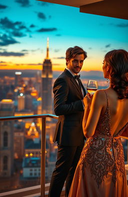 A romantic scene featuring a hot billionaire in an elegant suit, standing on a luxurious balcony overlooking a beautiful city skyline at sunset