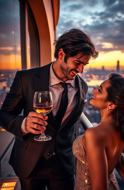A romantic scene featuring a hot billionaire in an elegant suit, standing on a luxurious balcony overlooking a beautiful city skyline at sunset