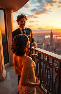 A romantic scene featuring a hot billionaire in an elegant suit, standing on a luxurious balcony overlooking a beautiful city skyline at sunset