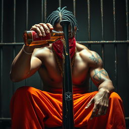 A close-up image of a muscular African American gang member sitting in a dimly lit prison cell, expressing anger