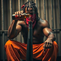 A close-up image of a muscular African American gang member sitting in a dimly lit prison cell, expressing anger