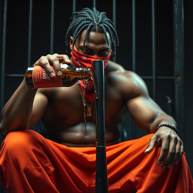 A close-up image of a muscular African American gang member sitting in a dimly lit prison cell, expressing anger