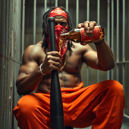 A close-up image of a muscular African American gang member sitting in a dimly lit prison cell, expressing anger