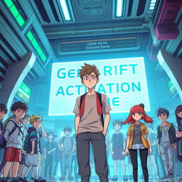 In a futuristic, vibrant school setting, Lucas Silva, a typical teenager, stands nervously in front of a large, glowing sign that reads 'Gene Rift Activation Zone'