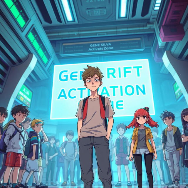 In a futuristic, vibrant school setting, Lucas Silva, a typical teenager, stands nervously in front of a large, glowing sign that reads 'Gene Rift Activation Zone'