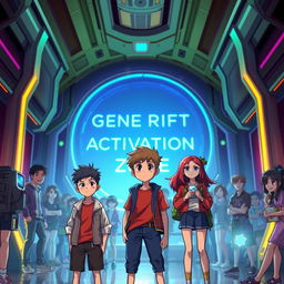 In a futuristic, vibrant school setting, Lucas Silva, a typical teenager, stands nervously in front of a large, glowing sign that reads 'Gene Rift Activation Zone'